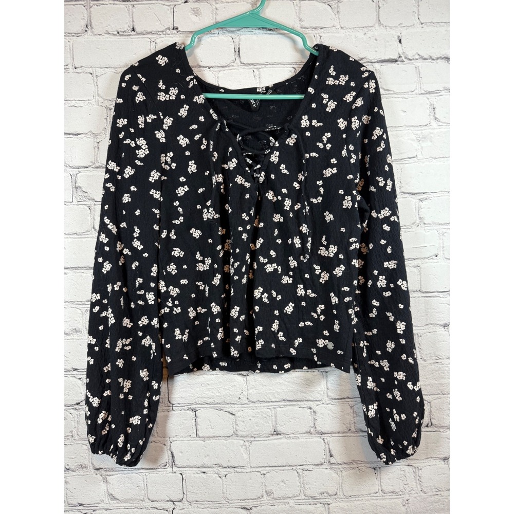 Roxy Floral Print Long‎ Sleeve Lace-Up Crop Top Blouse Medium - Picture 2 of 4